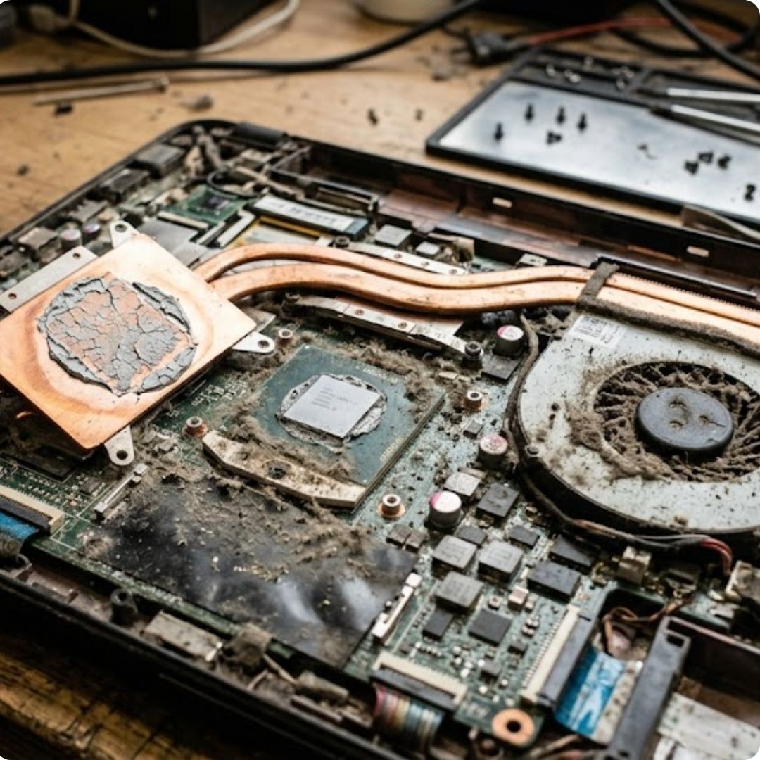 Notebook abierta en laboratorio de servicio técnico — evaluación de batería y cargador